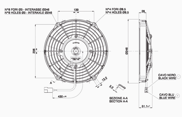 247mmØ SPAL LÜFTER MOTORKÜHLUNG 1000m³/h 12V blasend